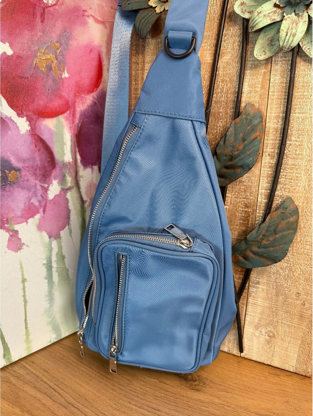 MMS Blue Nylon Crossbody Sling Bag Backpack